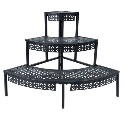 aboxoo 3 Tier Plant Stand Flower Pot Rack, Metal Stair-Step Style Corner Shelf Planters, Quarter Round Display Holder for Indoor Outdoor Use(Black, Semicircle)