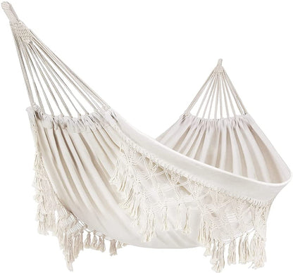 Outdoor Hammock Garden Cotton Hammock Macrame Fringe Hammocks Boho Balcony Hammocks with Handmade Tassels 2 Person Double Hamock 480lbs for Home,Backyard,Beach,Patio