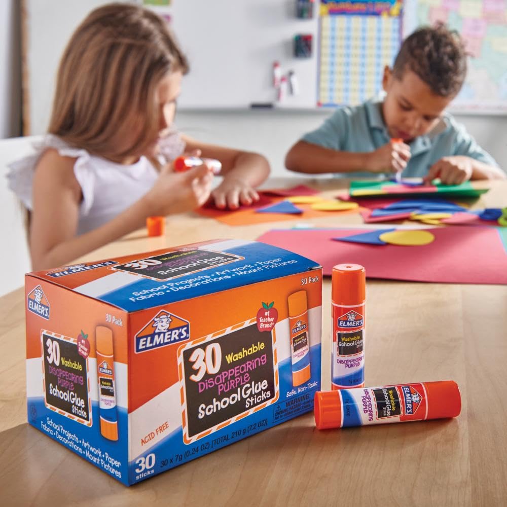Elmer's Disappearing Purple School Glue Sticks, Washable, 7 Grams, 30 Count - Posters, Back to School, Bulk Pack for Classrooms, #1 Teacher Brand