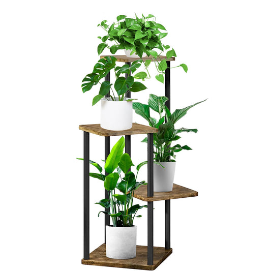 YOCOMEY 4 Tier Plant Stand Indoor, Thickened Metal Wood Corner Plant Shelf Stands for Multiple Plants, Indoor Tall Plants Stand Tiered Flower Holder for Living Room Patio Garden Balcony(Black+Brown)