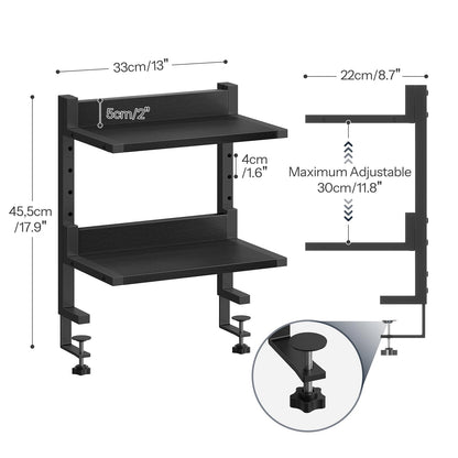 HOOBRO Clamp On Desk Shelf, 2-Tier Desktop Organizer, Space-Saving Desk Shelf with Adjustable Shelves, for Office, Study, Entertainment Accessories, Black BK32SJ01