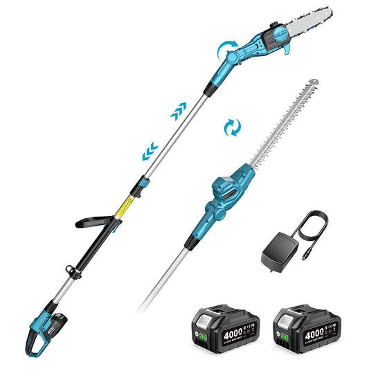 SEESII 2-in-1 Cordless Pole Saw & Hedge Trimmer Combo, 8" Electric Pole Chainsaw with 2×4.0 Ah Batteries, 16-Inch Extension Pole Hedge Trimmer, Bush Tree Pruner Limb Branch Cutter, 15ft Long Reach