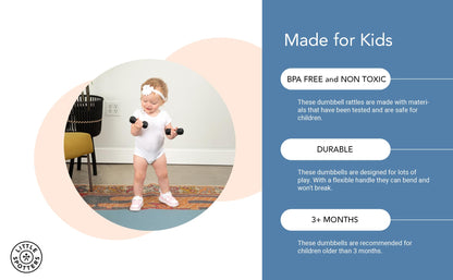 Little Spotters Dumbbell Rattles Set, 2 Pieces, Realistic Looking, Lightweight and Great Sensory Play Toy for Baby Showers and Fitness Loving Parents, 3+ Months, Black, PLA Plastic