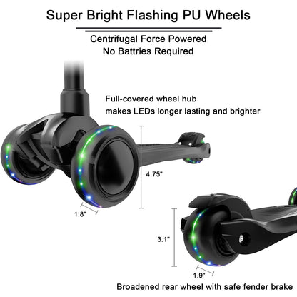 Allek Kick Scooter B03, Lean 'N Glide 3-Wheeled Push Scooter with Extra Wide PU Light-Up Wheels, Any Height Adjustable Handlebar and Strong Thick Deck for Children from 3-12yrs (Black)