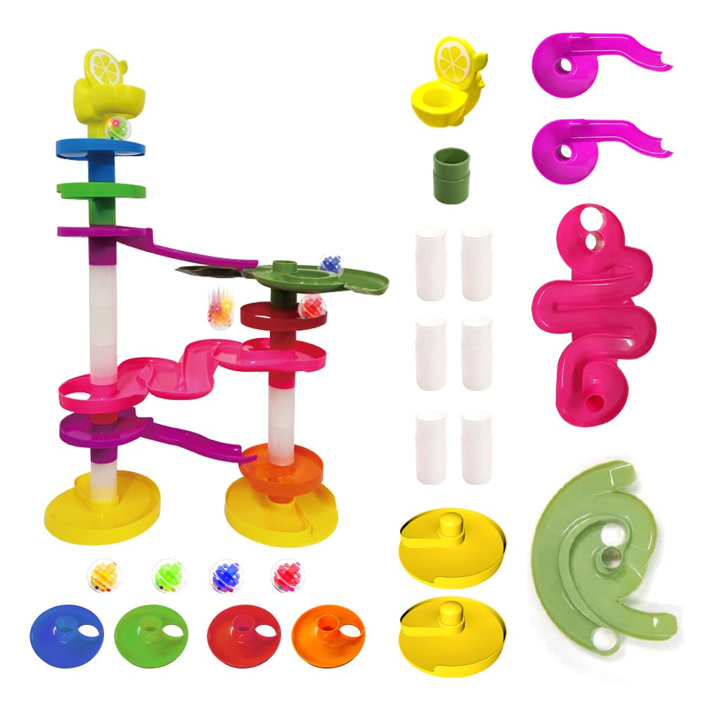 WEofferwhatYOUwant Potty Ball Drop Tower – Toddler STEM 22 Piece Toy with Lemon Toilet, 45 Hour LED Motion Activated Light-up Balls, Stackable Marble Run Ramps | Motor Skill Sensory Play. Ages 1–3