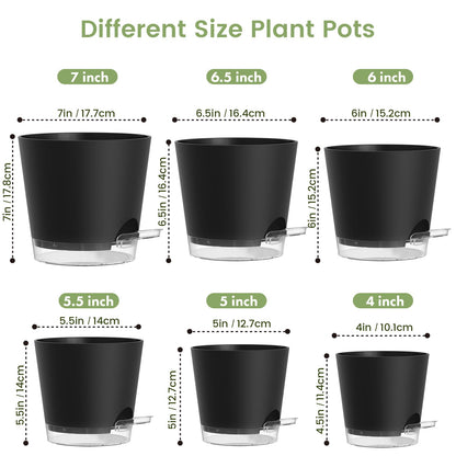 Meowell Self Watering Pots Pack of 6 – Different Size 4" to 7" Indoor Plant Pots with Drainage Holes and Clear Reservoir for Visible Water Level, Plastic Wicking Planters for House Plants, Black