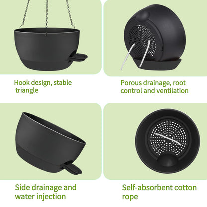 CNLBO 12 Inch Self Watering Hanging Planters 2 Pack, Indoor Outdoor Hanging Pots for Plants with Drainage Holes & Saucers, Black Plastic Hanging Baskets for Kitchen Balcony Garden
