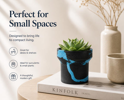 ONE ART Modern Planter Pot, Stone & Recycled Ocean Plastic, Frost Proof Indoor Outdoor Plant Pot for Succulents Flowers Herbs, Unique Hand-Finished Pattern, Lightweight Minimalist Decor (Small)