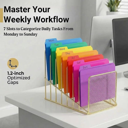 Simmer Stone Gold Desk Organizer 7 Slot Inclined Vertical File Folder Holder Sorter with Mesh Front Metal Wire Rack for Mail, Slim Binders, Books Office Organization Desktop Accessories