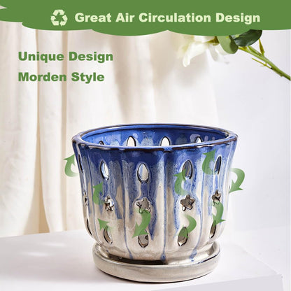NiSevenLiving Orchid Pots with Holes Attached Saucers 6 Inches - 1 Pcs Small Ceramic Pots for Repotting, Decorative Ceramic Orchid Planter with Hole for Healthy Root Growth Blue Over White