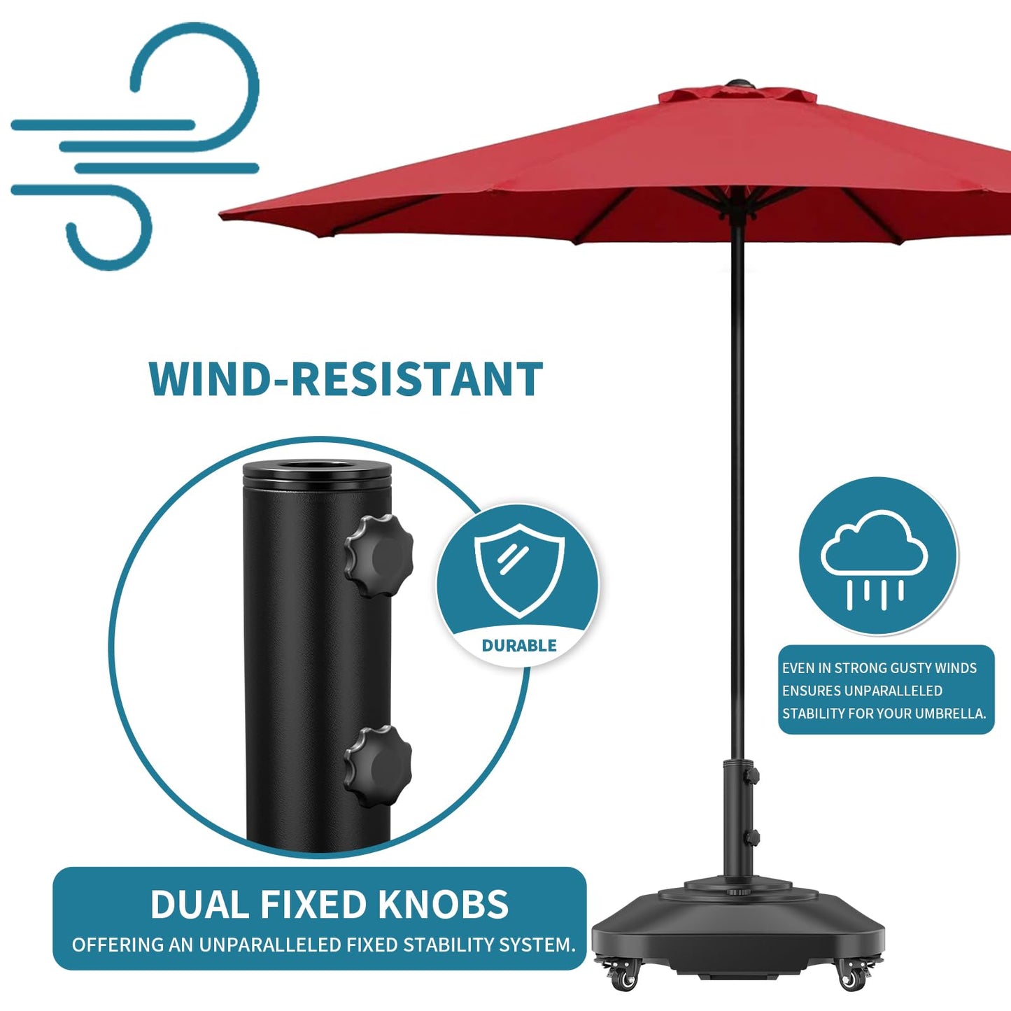 Umbrella Base, Heavy Duty Patio Umbrella Stand with 5 Wheels, Max 100lb Fillable Mobile Outdoor Base, Pole Holder 2 Knobs, UV Resistant and Windproof Design for Patio, Deck, Poolside, Lawn(19 in)