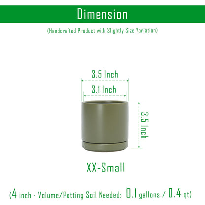 D'vine Dev Set of 4 Small Ceramic Plant Pots, 3.5 Inch Succulent Planter Pot for Plants with Drainage Hole and Saucer, Olive, 94-X-A-0