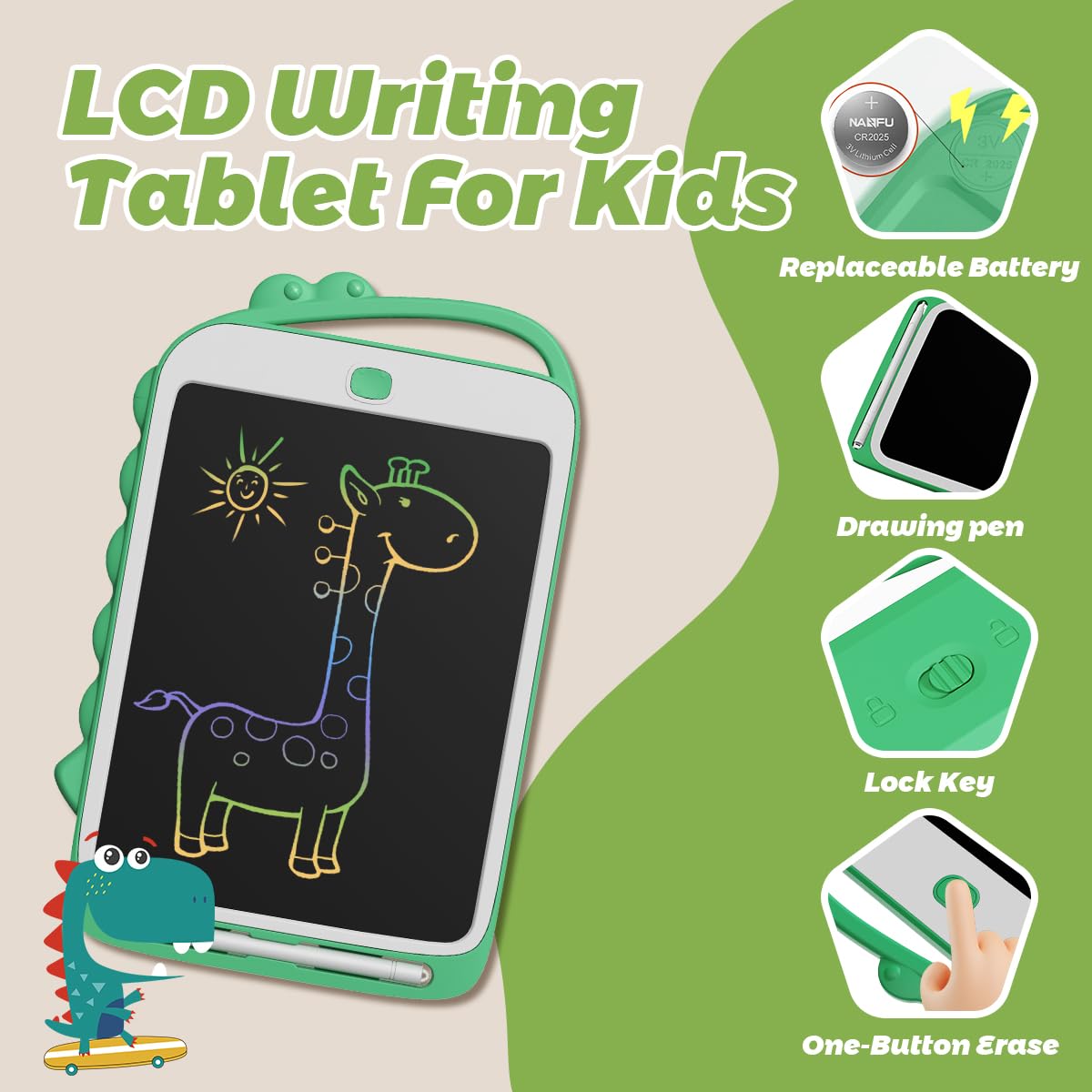 DPEDUAI LCD Writing Tablet for Kids, 10.5 Inch Colorful Doodle Board Drawing Pad, Erasable Reusable Educational Toddler Toys for 3 4 5 6 Year Old Boys Girls, Travel Essentials Birthday Gifts (Green)