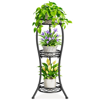 iDavosic.ly 3 Tier Tall Metal Plant Stand Indoor Outdoor, Wrought Iron Corner Flower Pot Holder Shelf, 34 Inch Vertical Display Rack for Patio Porch Living Room Garden, Black