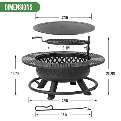 Panovue 36 Inch Fire Pit with Grill,Wood Burning Fire Pits for Outside with Lid& Fire Poker,Round Metal Firepit Table 3 in 1 with Cooking Grate,Outdoor Firepits for Yard Patio Bonfire Camping(Black)