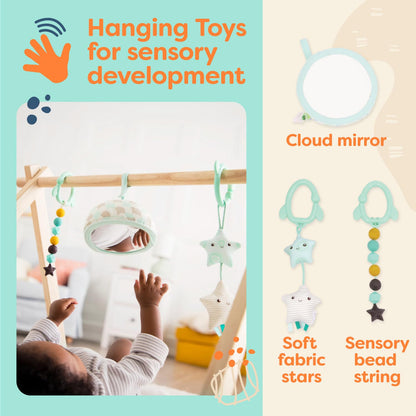B. toys – Wooden Baby Play Gym – Activity Mat – Starry Sky – 3 Hanging Sensory Toys – Natural Wood – Babies, Infants