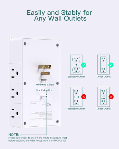 Addtam Multi Plug Wall Outlet, Surge Protector Wall Mount with 12 Outlet Extender 4 Sides and 3 USB Ports (1 USB-C), Outlet Splitter Power Strip for Home Office Dorm Room Essentials, White