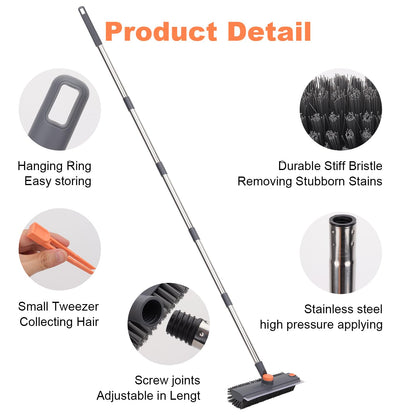 Floor Scrub Brush with 64" Long Handle - 360° Swivel Heads Household Push Brush with Squeegee and Right Angled Bristle for Cleaning Concrete Floors Grout Gardens Patio Deck Concrete Garage Heavy Duty