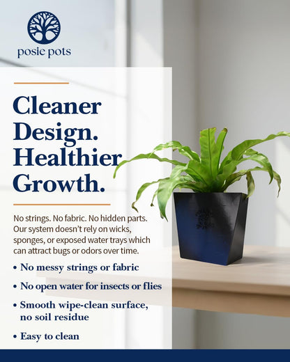 POSIE3DPRINTS Posie Pot Medium Twisted Square - Self Watering Planter 5x5 Inch - Indoor Plant Pot with 30 Day Reservoir - 3D Printed Bioplastic - No Guilt Plant Care - Made in USA, Black
