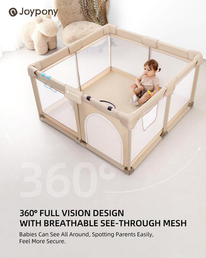 Joypony Baby Playpen, 50x50 in Small Play Pen for Babies and Toddlers, Playpen for Kids with Gate, Indoors Play Yard with Soft Breathable Mesh (Beige)