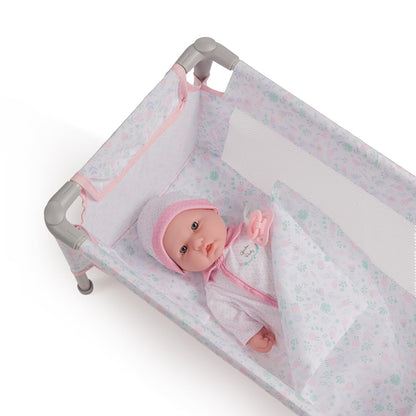 JC Toys - Berenguer Boutique | Travel Folding Crib - Playpen with Accessories | Pink Floral Collection | for Dolls up to 18" | Ages 3+
