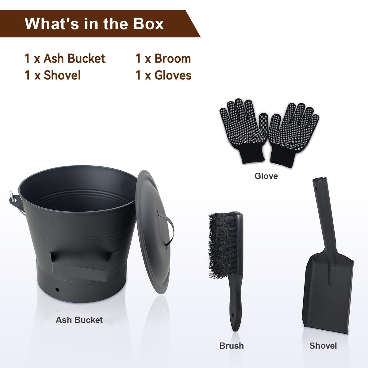 BRIAN & DANY Ash Bucket with Lid, 2.6 Gallon Fireplace Ash Bucket with Shovel and Hand Broom, Metal Bucket for Fireplace, Fire Pit, Wood Burning Stove, Black