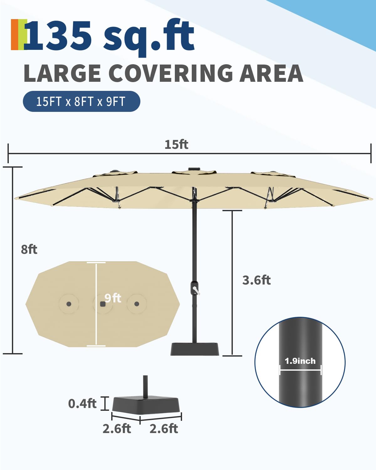 GarveeTech 15FT Solar Patio Umbrella with 36 LED Lights, Weighted Base Included, Tilt and Crank Market Umbrella for Backyard, Garden, Deck, Pool, Beach, Beige