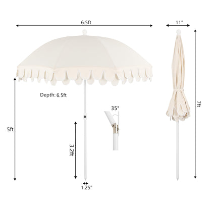 JONATHAN Y UMB1004C Horizon 6.5 ft. Classic MidCentury Scalloped Fringe Market Beach Umbrella with Push-Button Tilt, Wind Vent and UV Protection, and Matching Carry Bag in Cream/White, White Pole