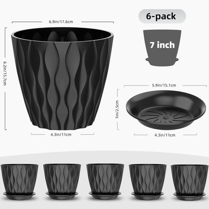 GDJUQZ 6 Pack 7 Inch Indoor Plant Pots with Drainage Holes, Outdoor Plastic Decorative Flower Pots, Garden Planters with Tray Saucers for Orchids, Violets, Succulents, Herbs, and Other Plants