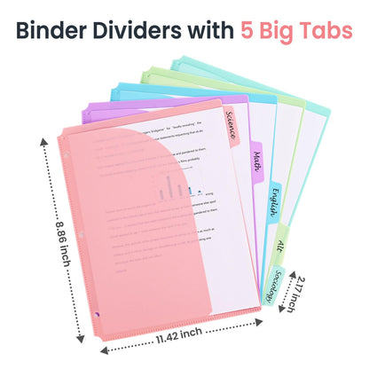 5-Tab Dividers for 3 Ring Binder, 15 Counts Binder Dividers Index with Pockets, 8.5 x 11'' Binder Dividers with 1/5 Cut Tabs for School Office (XY026) (3)