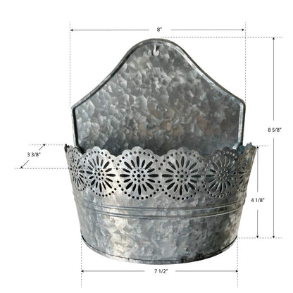 Lily's Home Indoor Outdoor Wall Mounted Planter with Floral Accents for Succulents, Cacti, Herbs, Faux Plants, Galvanized Metal. Plants Not Included