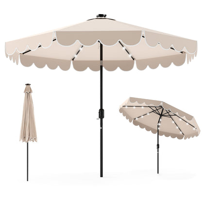 Tangkula 9 FT Solar Patio Umbrella, 2-Tiers Scalloped Outdoor Table Market Umbrella with 32 LED Lights, Vented Top, Tilt Adjustment, Crank, 8 Ribs for Backyard Poolside Deck Beach Lawn (Beige)