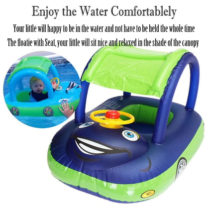 baby pool float with canopy Summer Steering Wheel Sunshade Swim Ring Car Inflatable toys infants Float Seat Boat for kids toddlers(Color blue)