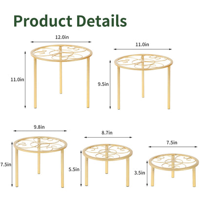 mekpiwu 5-piece set of metal plant potted flower racks, heavy-duty flower pot plant racks of different sizes, iron flower racks, suitable for indoor and outdoor home decoration (Black) (5, Gold)