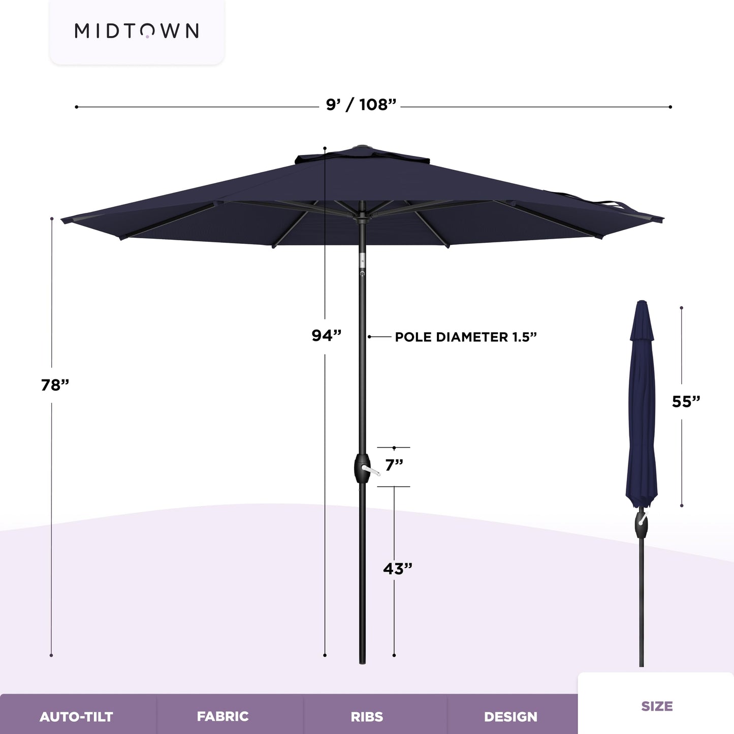 Midtown Umbrellas - 10-Year-No-Fade 9 Ft Patio Umbrella with Terylast Fabric, Auto-Tilt Aluminum Frame and 8 Reinforced Ribs for Deck, Pool, Garden & Beach - Navy Blue Canopy, Black Pole