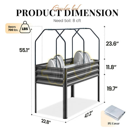 KING BIRD Large Raised Garden Bed with Cover Galvanized Elevated Planter Box with Legs 48×24×56 in for Backyard, Patio, Balcony, 700lb Capacity, Dark Grey