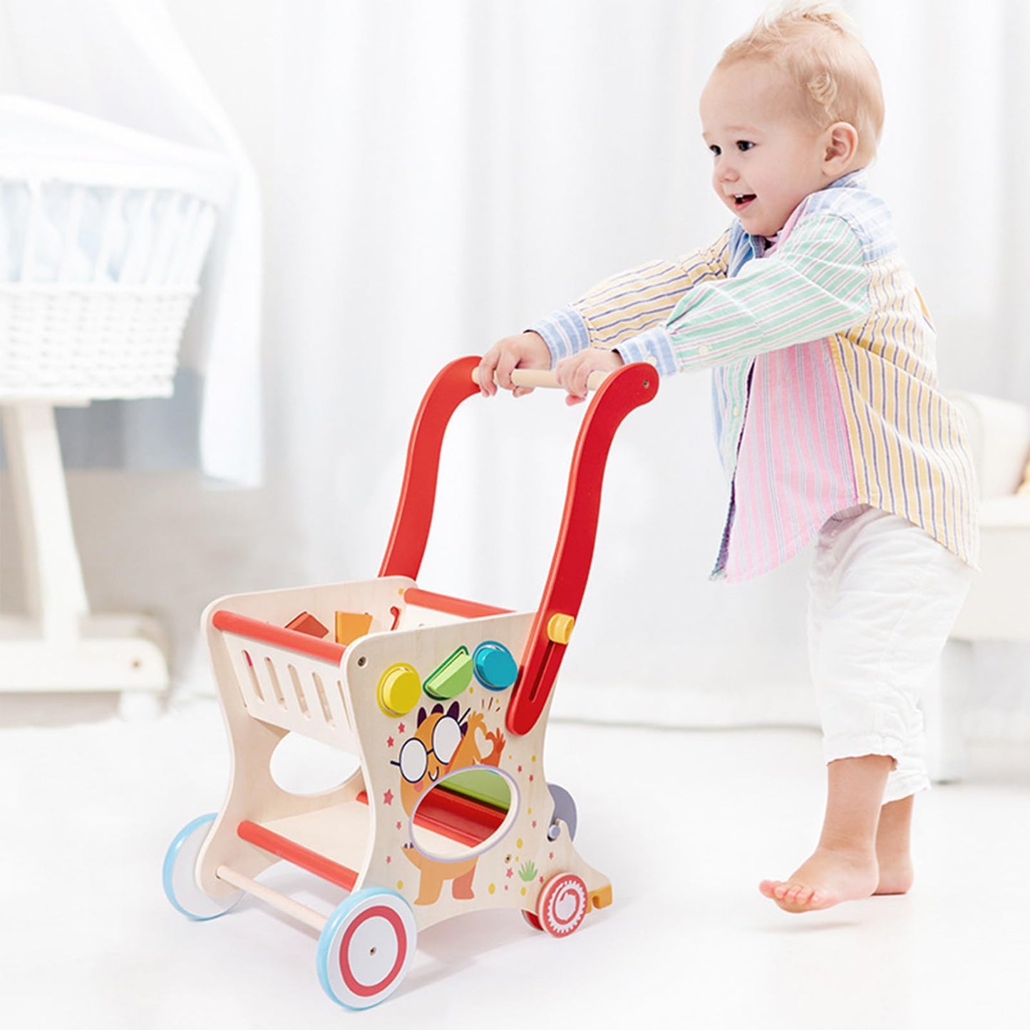 Dormlony Wooden Baby Push and Pull Walker with Wheels for Boy&Girls,Multiple Activities Kid’s Toy,Shopping Cart Sit to Stand Walker for Toddlers