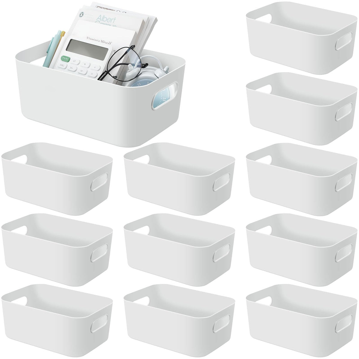 Geetery 12 Pieces Plastic Storage Bins Basket with Handles Toy Organizers and Storage Bins for Home Cupboard Kitchen Bathroom Office Pantry Organization (9.6 X 6.3 X 3.9 Inch,White)