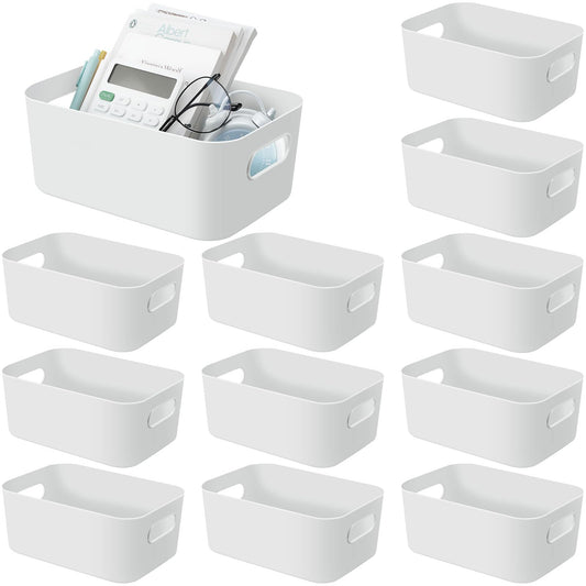 Geetery 12 Pieces Plastic Storage Bins Basket with Handles Toy Organizers and Storage Bins for Home Cupboard Kitchen Bathroom Office Pantry Organization (9.6 X 6.3 X 3.9 Inch,White)