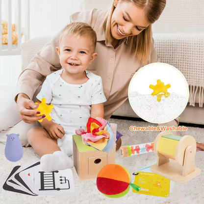 Adena Montessori Play Kit for 0-6 Month Baby,8 in 1 Learning Kit Includ Black&White Card,Rainmake Rattle,Sensory Ball,Tummy Time Wobbler,Tissue Box,Tissue,Rainbow Ball,Rainbow Drum