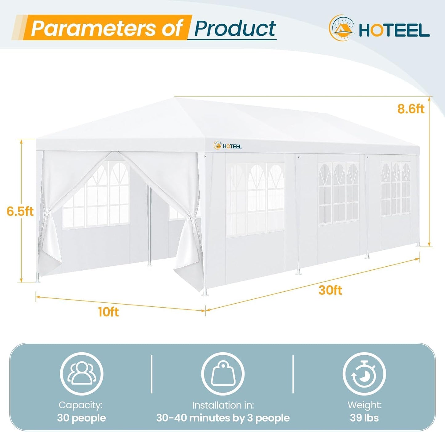 HOTEEL 10x30FT Party Tent with 8 Removable Sidewalls for Parties, Carpas para Fiestas Easy Set up, Weddings, BBQ, Baby Shower, Waterproof Outdoor Event Canopy, Patio Camping Gazebo, White