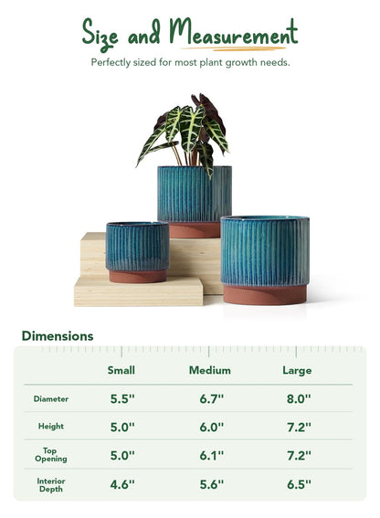 LE TAUCI Ceramic Plant Pots with Drainage Holes, Set of 3, 8+6.7+5.5 Inch Stripe Garden Planter Pots for Outdoor Indoor Plants Flower, Round Succulent Orchid Flower Pot, Reactive Glaze Green