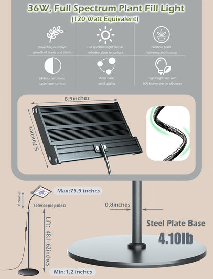 ANCIENTPWR Industrial-Grade Plant Grow Light, Full Spectrum for Indoor Plants with Auto Timer (3/9/12H), 10-Level Dimming, 75.5" Adjustable Height, Flexible Gooseneck & 4.1lb Heavy Base