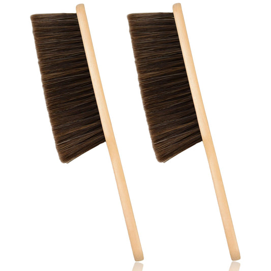 2 Pieces Woooden Dust Brush Hand Broom Bench Brush with Long Wood Handle Whisk Broom Soft Bristle Brush for Counter Bed Sofa Car Fireplace Clothes Household Cleaning