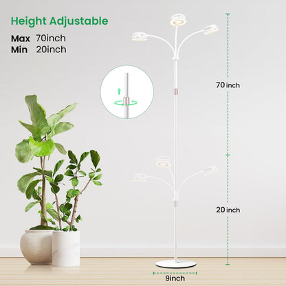 LORDEM Full Spectrum Plant Light for Indoor Growing,Tri-Head Grow Light with Stand for Large Plants,Auto ON/Off Timer 6/8/12/16H, 5 Dimmable Levels, 20-70 inches Adjustable Height