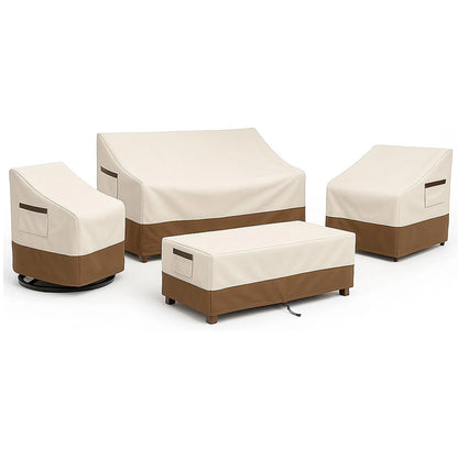 4-Piece Patio Furniture Cover Set, Waterproof Outdoor Furniture Covers for 3-Seater Sofa, Patio Chairs & Coffee Table, Heavy-Duty 600D, Fade&UV-Resistant, Breathable, All-Season Protection,Beige&Brown