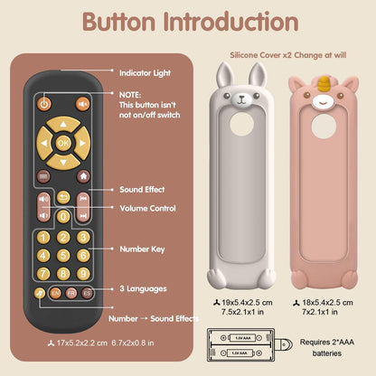 Nueplay Pretend Remote Control Toy for Toddlers with Light and Music-Includes 2 Washable Silicone Covers,Trilingual Number Learning in English,Spanish and French,Gifts for 1 Year Old Girls