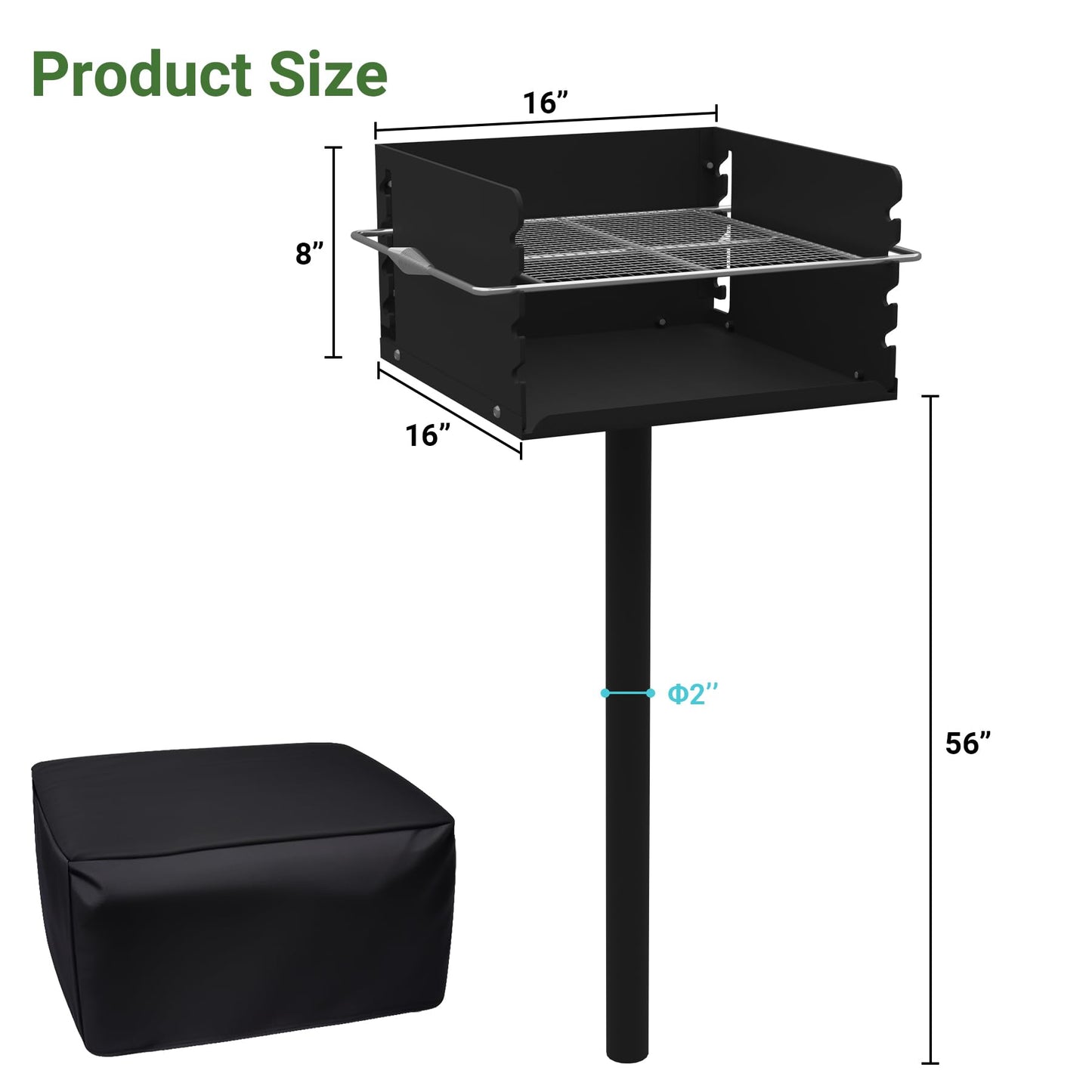 Toriexon Park Grills, 256 Sq. In, Park Style Charcoal Grill, Heavy Duty In Ground Park Grill with Stainless Steel Cooking Grate and Cover for Commercial and Outdoor Cooking 16'' L x 16'' W x 8'' H