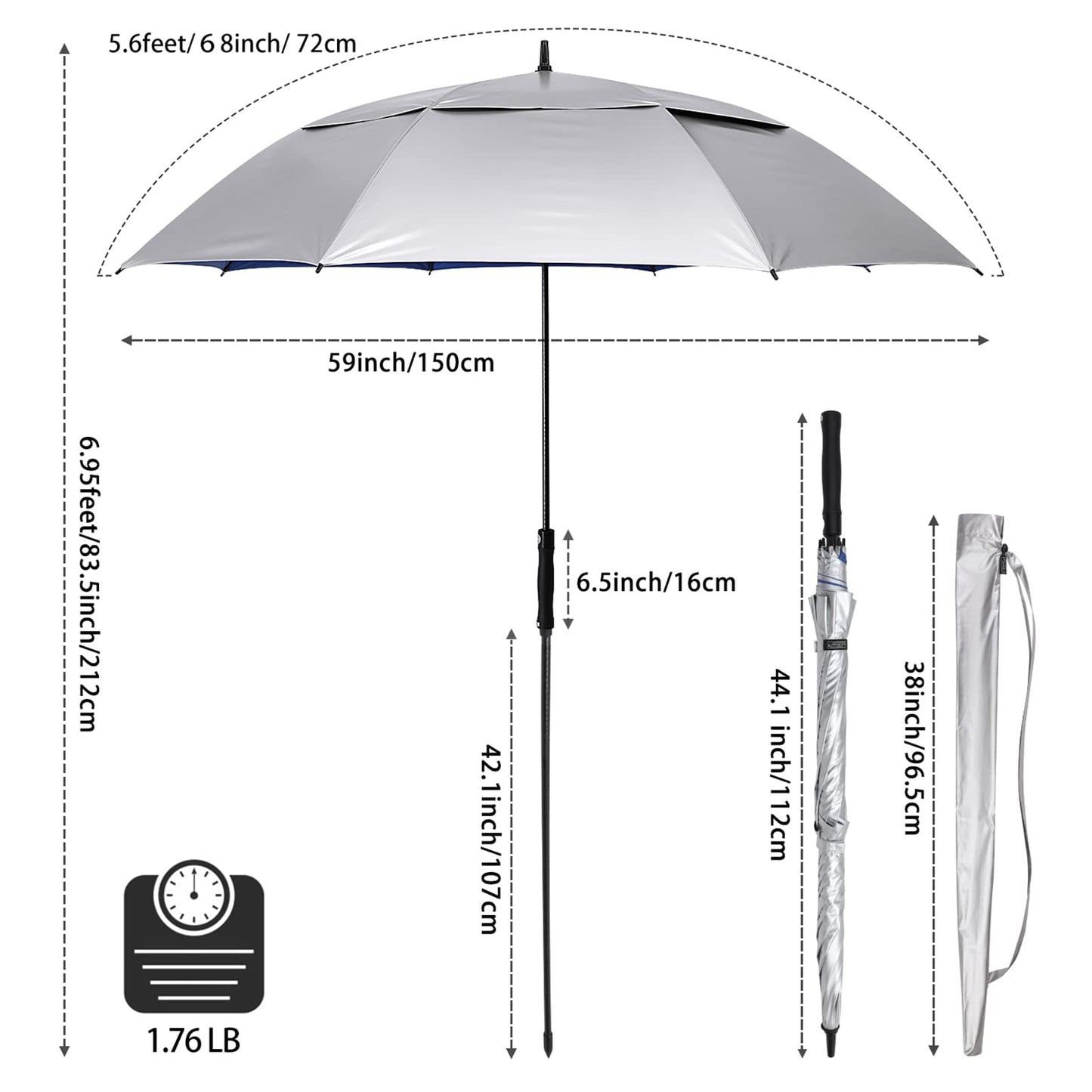 G4Free Vented UV Golf/Beach Umbrella 68" Arc, Auto Open Oversize Extra Large Windproof Sun Shade Rain Umbrellas(Silver/Blue)