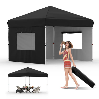 GarveeLife 10x10 Pop Up Canopy with 3 Sidewalls - Easy Up Camping Tent with One Button Push Setup - 1 Roller Bag, 3 Adjustable Height, 4 Weight Bags for Deck, Garden, Sports, Beach, Party - Black